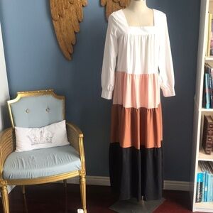 Hipster Row white nude tan & black color block layered long sleeves maxi dress